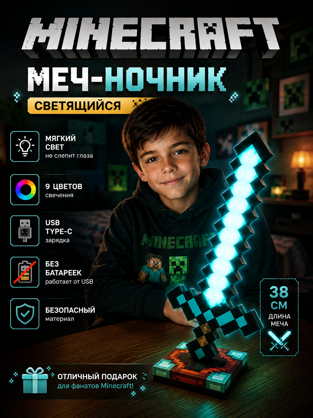 Minecraft LED tungi chiroq-fakel, dekorativ yoritgich maynkraft mario