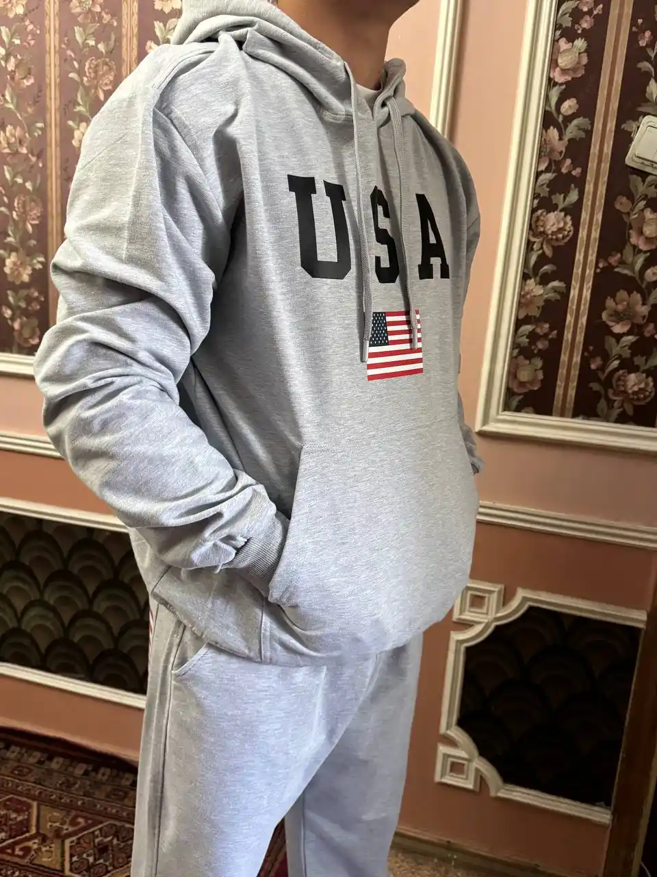 Мужской осенний худи и штаны с капюшоном повседневная одежда USA костюм-двойка из 2 частей