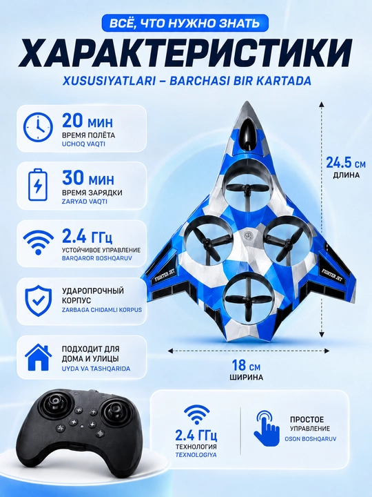 Детский дрон квадрокоптер с пультом 2.4GHz — лёгкий и прочный