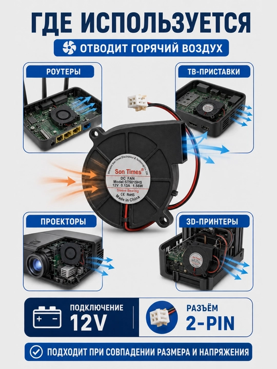 12 V radial salyangoz ventilyator, 54×54×15 mm, 2 pin ulagich