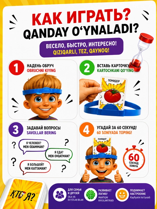 Kimman? stol o‘yini — oila va do‘stlar davrasi uchun, 2–4 nafar o‘yinchi, 6+