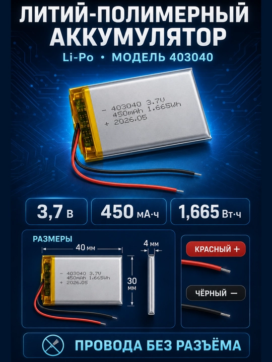 Li-Po аккумулятор 403040 3,7 В 450 мА·ч, 40×30×4 мм, без разъёма - 