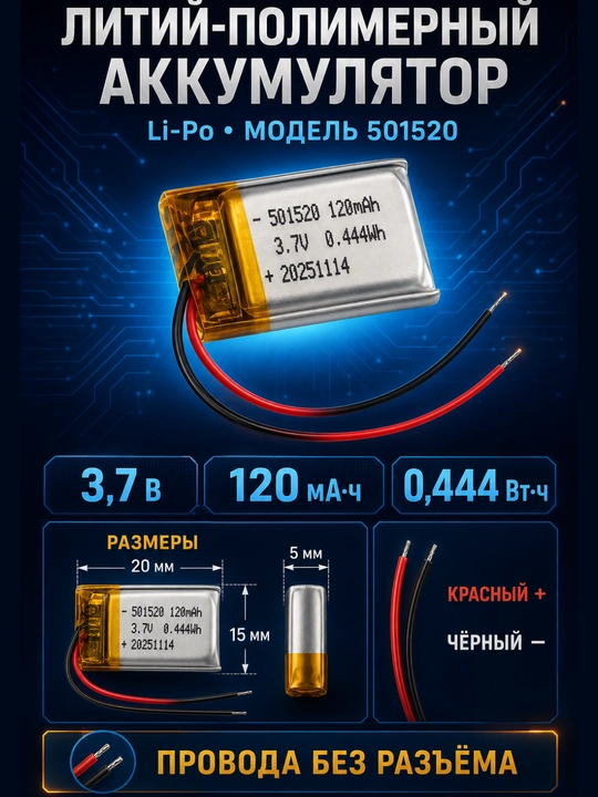 90 BELGIGACHA NOM  501520 Li-Po akkumulyator 3,7 V 120 mA·soat, 20×15×5 mm, ulagichsiz - 