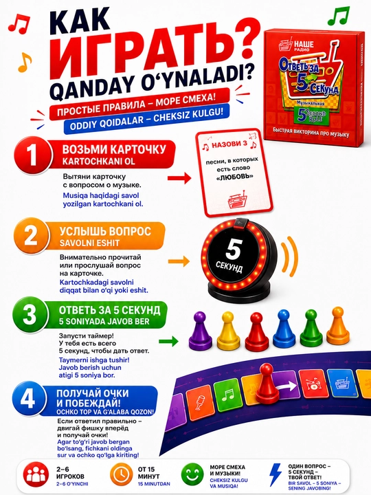 "5 soniyada javob ber" stol o‘yini - kompaniya uchun musiqiy viktorina
