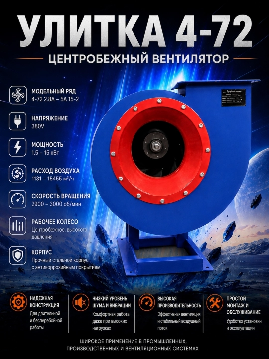 «Ulitka» 4-72 seriyali markazdan qochma sanoat ventilyatori 380V