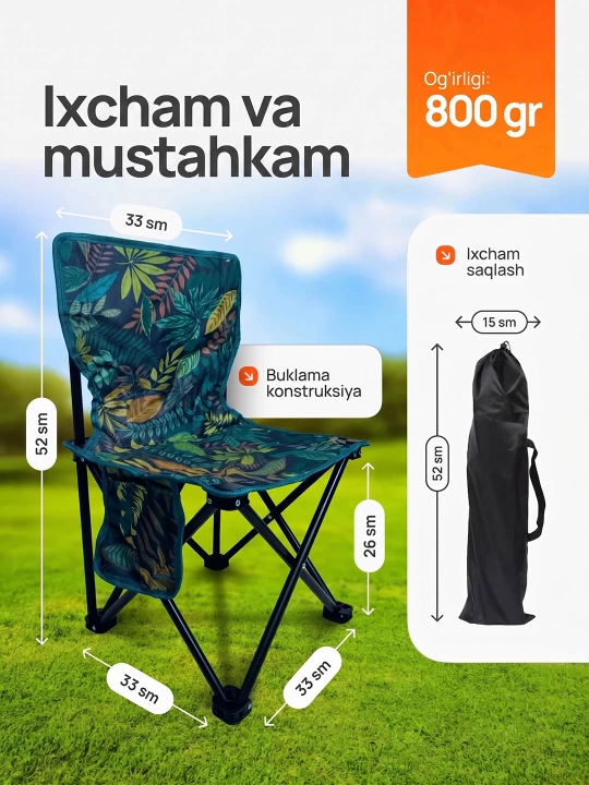 Kemping, baliq ovlash, piknik va dam olish uchun yig‘iladigan sayyohlik stul-kreslosi
