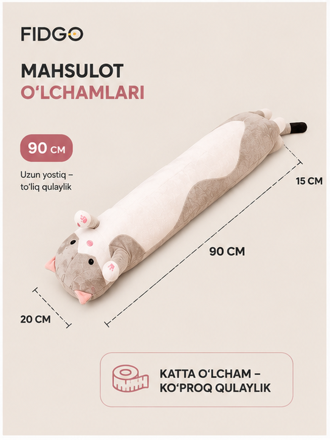 Mushuk Baton yumshoq yostiq-o‘yinchog‘i quchoqlash va uxlash uchun moljallangan antistress
