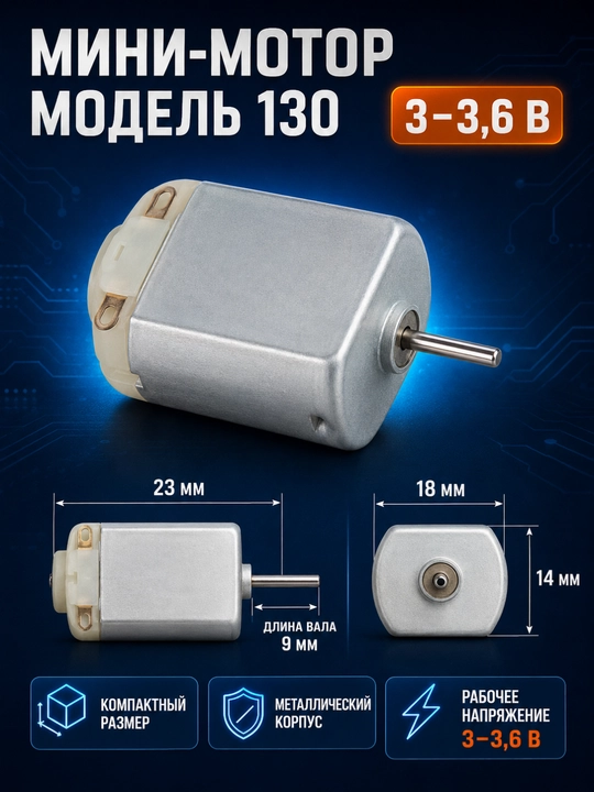 Мини-мотор 130 постоянного тока 3–3,6 В, 23×18×14 мм, вал 9 мм 1+1 комплект