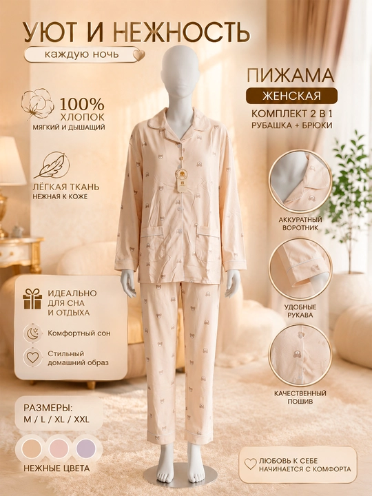 Женская пижама 100% хлопок, рубашка с длинным рукавом и брюки, комплект 2 части - 