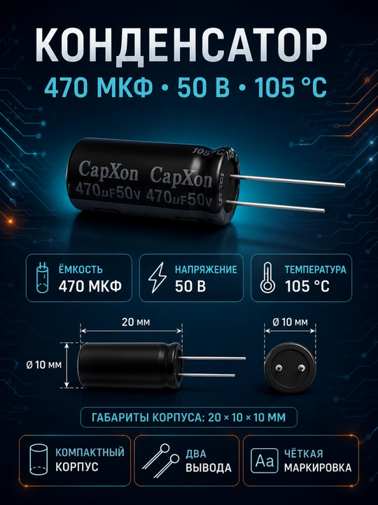 Конденсатор CapXon 470 мкФ 50 В 105 °C, 20×10 мм, комплект 5 шт