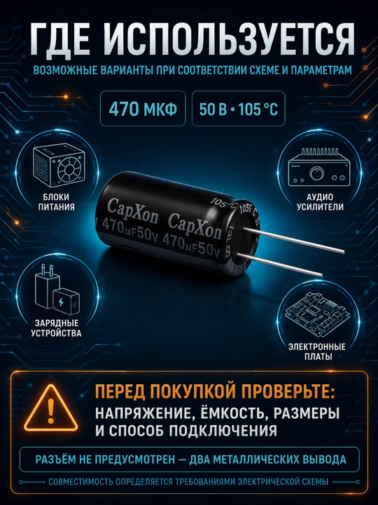 Конденсатор CapXon 470 мкФ 50 В 105 °C, 20×10 мм, комплект 5 шт