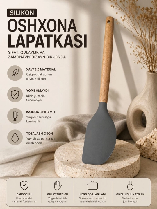 Silikon oshxona anjomlari to‘plami, yog‘och dastali, pishirish va qovurish uchun - 