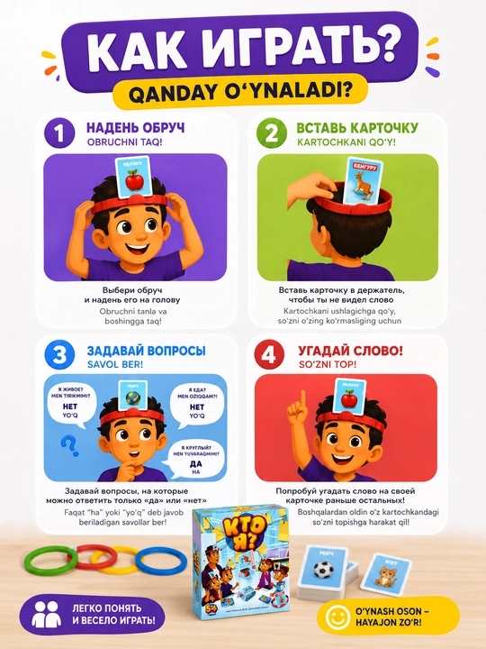 “Kimman?” stol o‘yini — kompaniya va oila uchun, 5+, 2–4 o‘yinchi