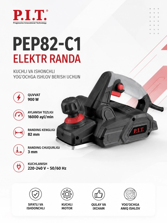 Elektr randa P.I.T. PEP82-C 650W yog‘och uchun kuchli asbob - 