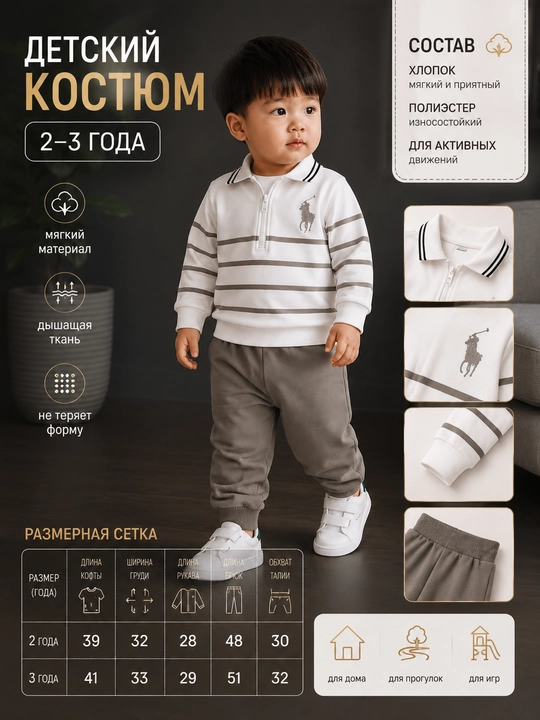 O‘g‘il bola kostyum sportivka svitshot jogger chiziqli oq kulrang