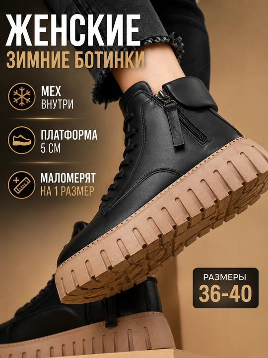 Зимние ботинки женские на платформе 5 см с мехом, белые и черные, 36-40, маломерят - 