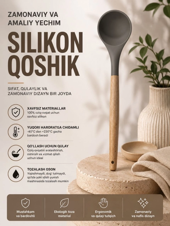 Silikon oshxona cho‘michi, yog‘och tutqichli, sho‘rva, qayla va souslar uchun - 