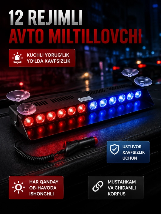 12 LED Avtomobil Miltillovchi Chiroq, Qizil va Ko‘k Signal Mayoqchasi 12V - 
