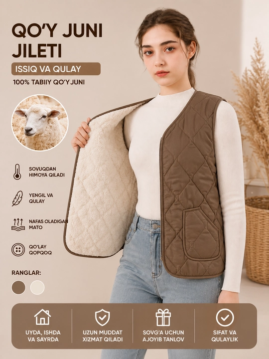 Ayollar uchun qo'y juni bilan issiq jilet - 
