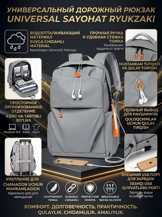 Uniseks ryukzak, USB portli, suv o'tkazmaydigan, noutbuk uchun bo'lmali - 