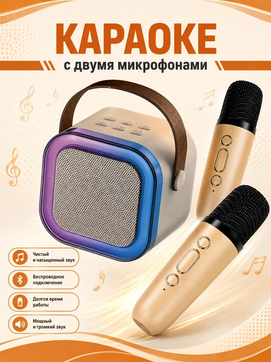 K12 portativ karaoke tizimi 2 ta simsiz mikrafonli kalonka va RGB yoritgich - 