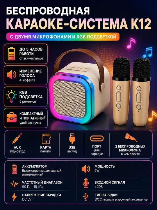 K12 portativ karaoke tizimi 2 ta simsiz mikrafonli kalonka va RGB yoritgich