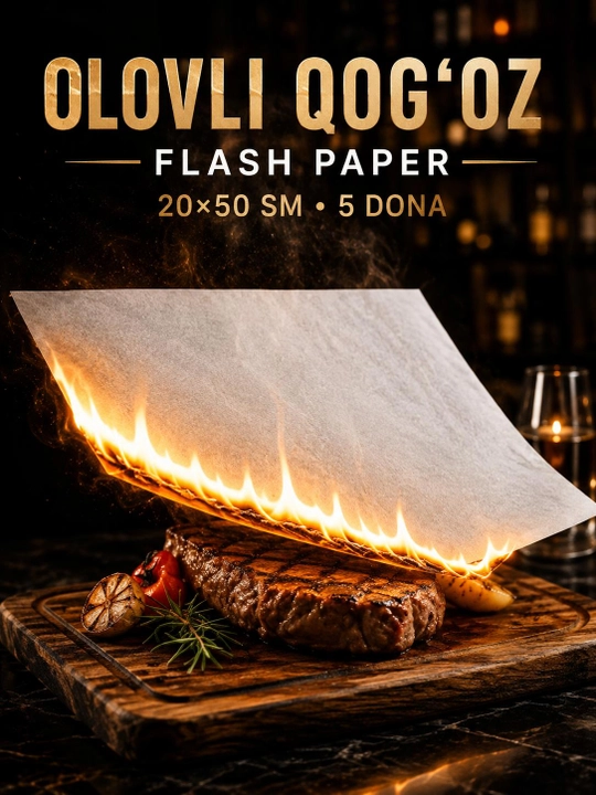 Olovli qog‘oz Flash Paper, yonadigan qog‘oz, fokus va flambe uchun, 20×50 sm, 5 dona - 