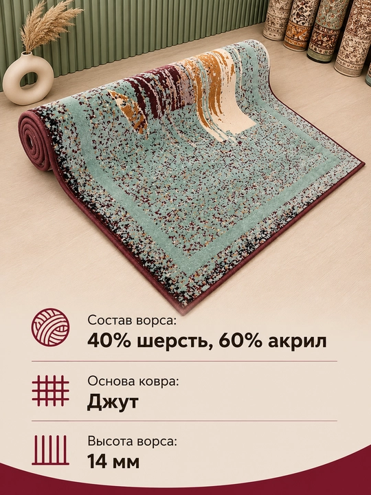 Шерстяной ковёр для спальни, гостиной, детской, зала и кухни, шерсть и акрил, ворс 14 мм
