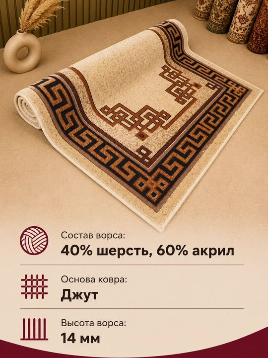 Шерстяной ковёр для спальни, гостиной, детской, зала и кухни, шерсть и акрил, ворс 14 мм