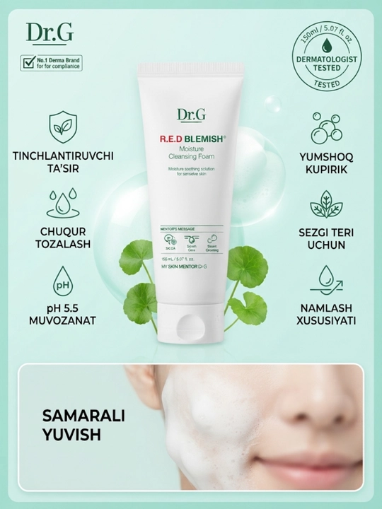 Dr.G R.E.D Blemish Moisture Cleansing Foam yuz yuvish uchun namlantiruvchi ko'pik, 150 ml - 