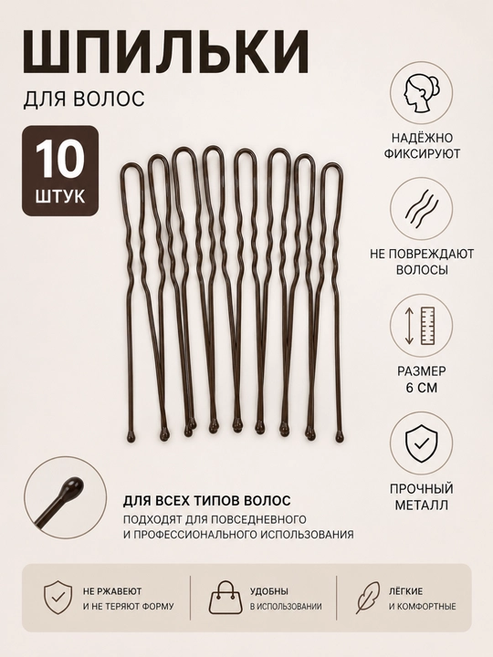 Шпильки для волос, 10 шт, длина 6 см - 
