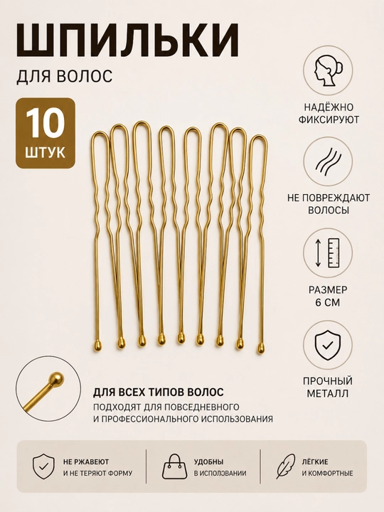 Шпильки для волос, 10 шт, длина 6 см - 