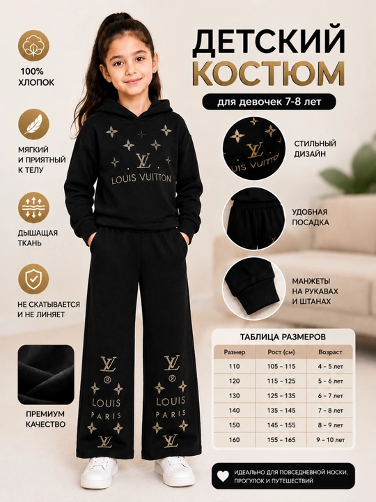 Детский костюм для девочки с капюшоном, спортивная двойка, чёрный - 