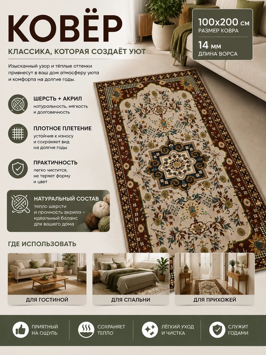 Шерстяной ковёр для спальни, гостиной, детской, зала и кухни, шерсть и акрил, ворс 14 мм