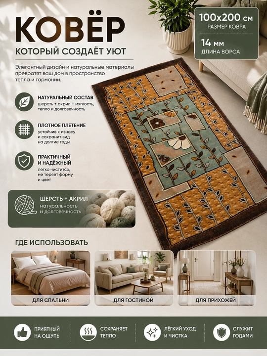 Шерстяной ковёр для спальни, гостиной, детской, зала и кухни, шерсть и акрил, ворс 14 мм