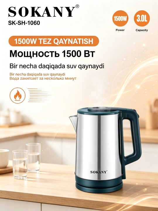 Elektr choynak 3L, qora elektor choynak SOKANY 1500 Vt, Maishiy texnika SK-SH-1060