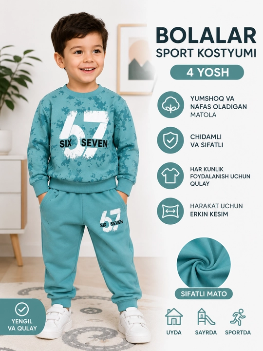 Bolalar kiyim to‘plami: svitshot va shim, futbolka va shortik, jismoniy tarbiya, sayr va kundalik kiyish uchun