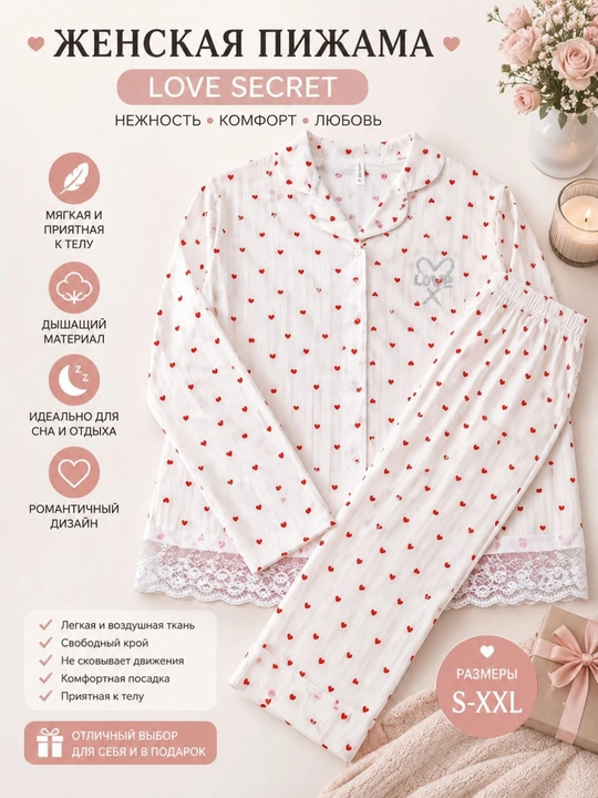 Ayollar uchun Love Secret pijama to‘plami, shim va uyqu niqobi bilan