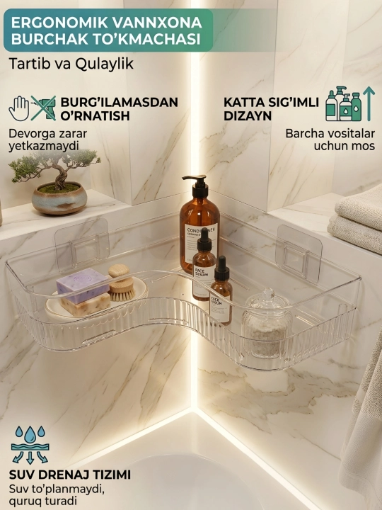 Vannaxonaga mo‘ljallangan devorga o‘rnatiladigan burchakli javon - 