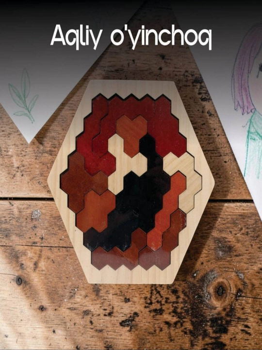 Yog'ochli mantiqiy pazl "Tetris-Geksagon", bolalar va kattalar uchun aqlli puzzle o'yini