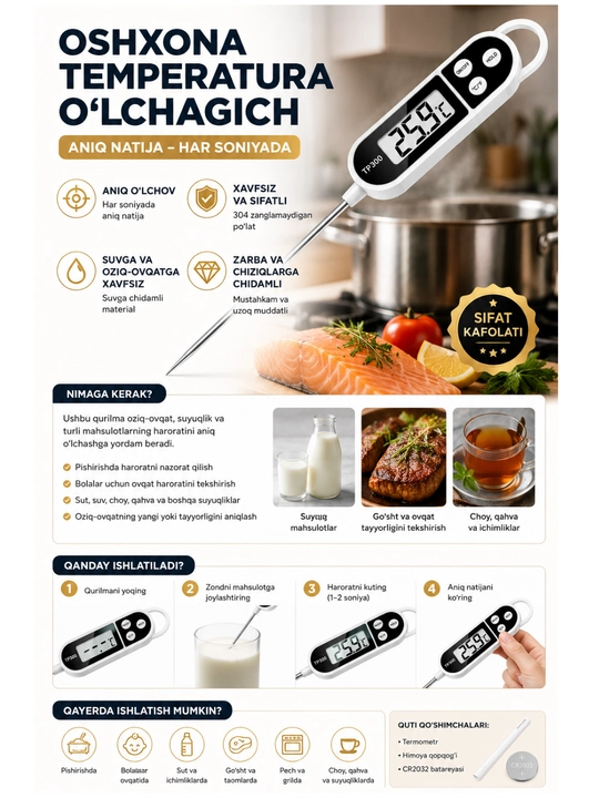 Elektron oshxona termometri TP300, oziq-ovqat harorat o‘lchagich