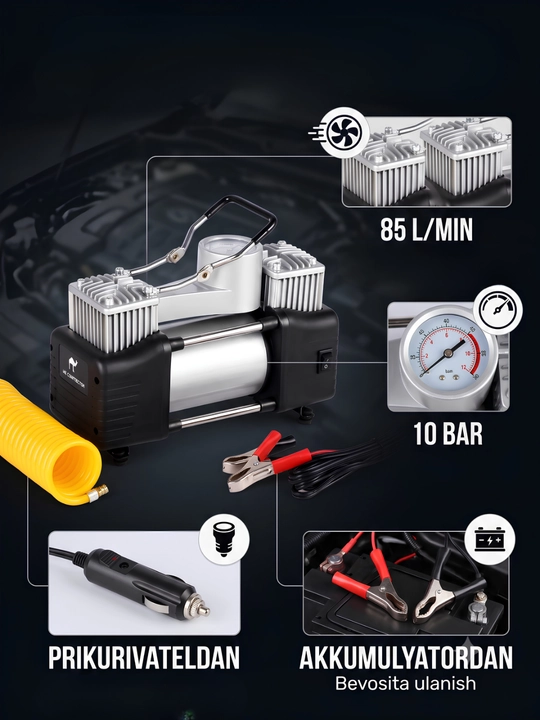 Avtomobil ikki va bir silindrli kompressori, 10 bar, manometr bilan
