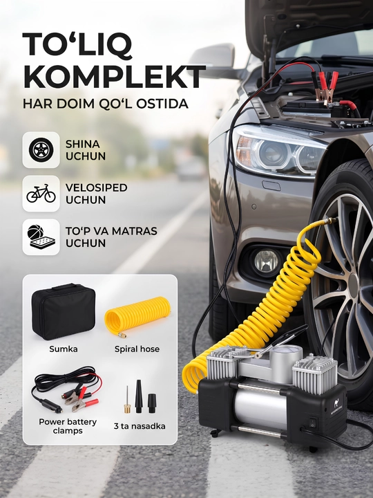 Avtomobil ikki va bir silindrli kompressori, 10 bar, manometr bilan