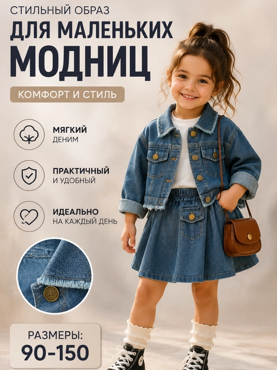 Джинсовый комплект для девочки, куртка и юбка