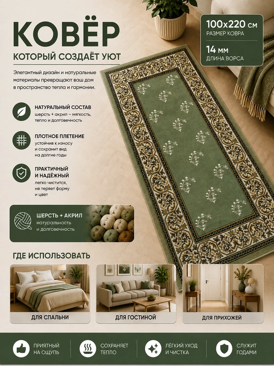 Шерстяной ковёр для спальни, гостиной, детской, зала и кухни, шерсть и акрил, ворс 14 мм