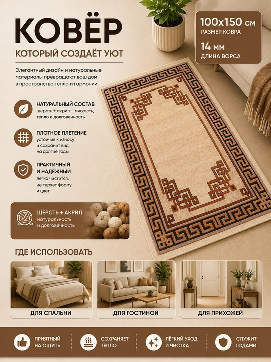Шерстяной ковёр для спальни, гостиной, детской, зала и кухни, шерсть и акрил, ворс 14 мм