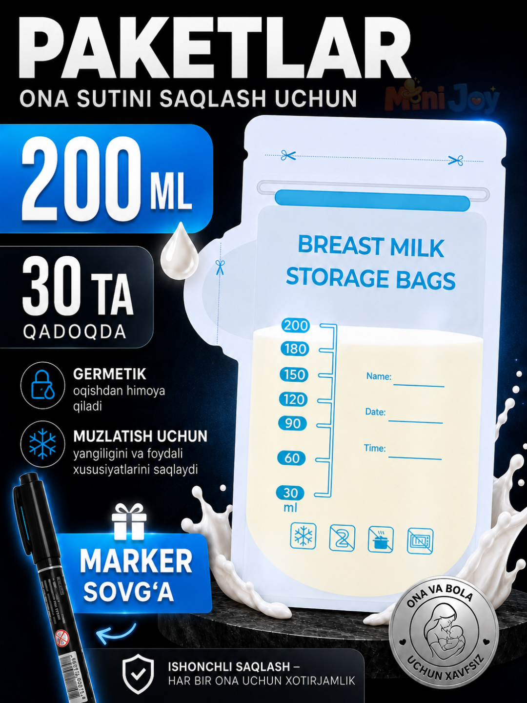 Ona sutini saqlash uchun paketlar, 30 dona, steril, muzlatish uchun