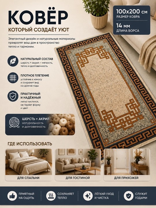 Шерстяной ковёр для спальни, гостиной, детской, зала и кухни, шерсть и акрил, ворс 14 мм
