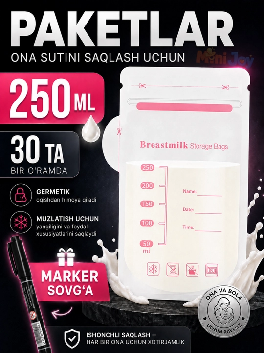 Ona sutini saqlash uchun paketlar, 30 dona, steril, muzlatish uchun