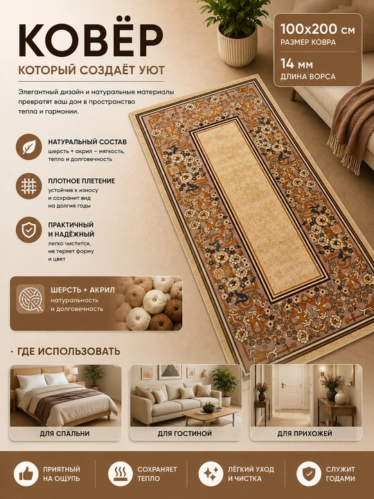 Шерстяной ковёр для спальни, гостиной, детской, зала и кухни, шерсть и акрил, ворс 14 мм